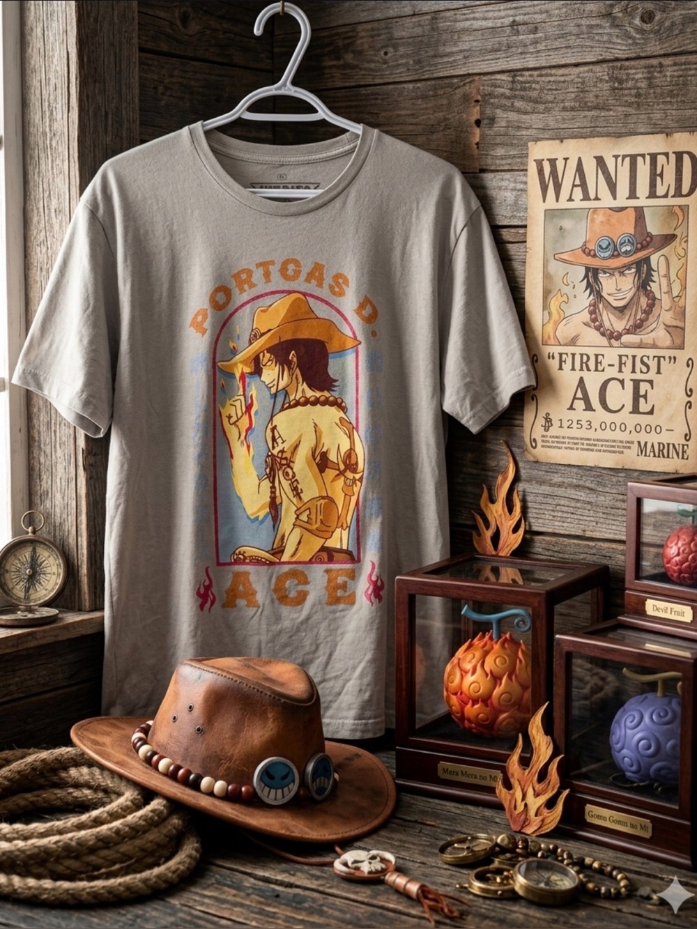 One Piece Portgas D. Ace Graphic Tee - Beige and Orange Print